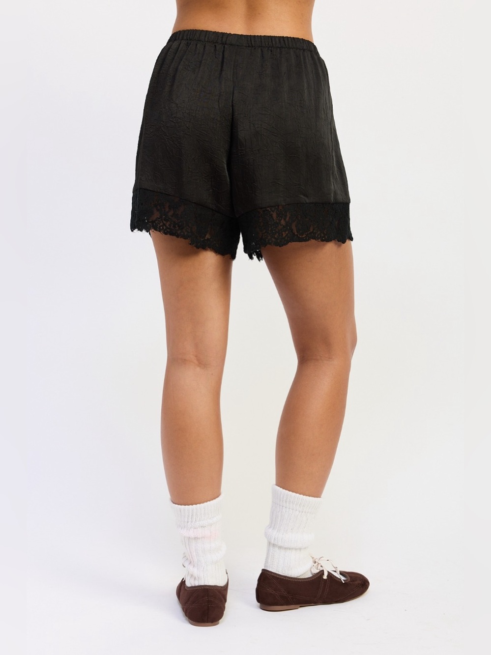 *RESTOCKED* Running Around Paris Black Lace Trim Satin Shorts - Picture 5 of 5